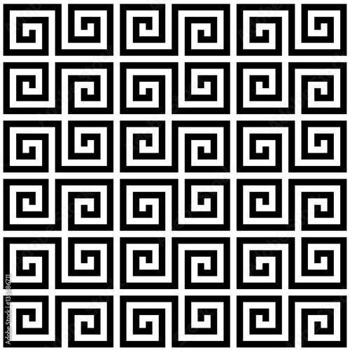 Black and white geometric greek meander spiral traditional seamless pattern, vector