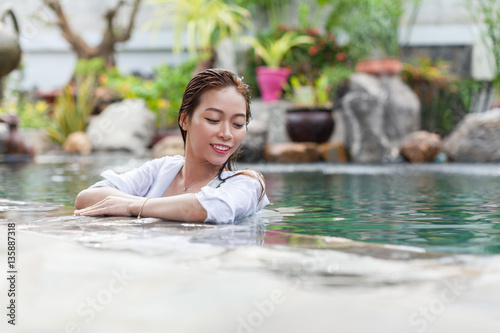 Beautiful Woman Swimming Pool At Resort Relaxed Portrait Young Asian Girl Happy Smile Tropical Vacation