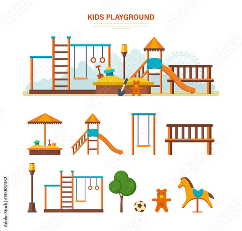 Children's entertainment playground, benches, sandbox, swing, recreation park.