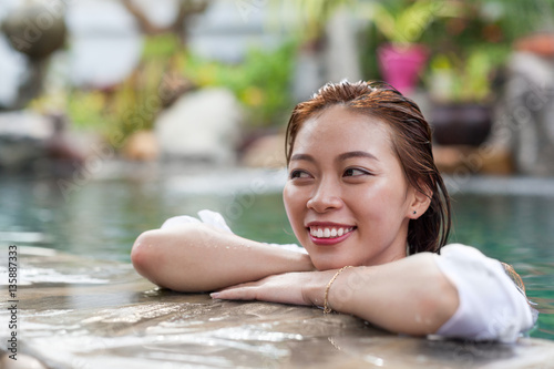 Beautiful Woman Swimming Pool At Resort Relaxed Portrait Young Asian Girl Happy Smile Tropical Vacation