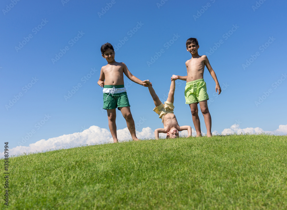 Brothers playing upside down on green meadow Brothers playing upside down on green meadow