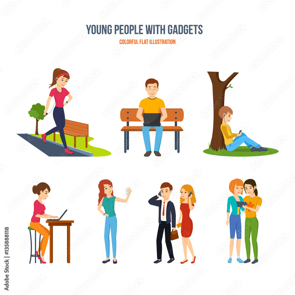 Young people with gadgets concept. Music, work, selfie, entertainment.