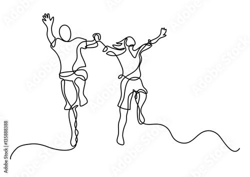 continuous line drawing of happy jumping couple