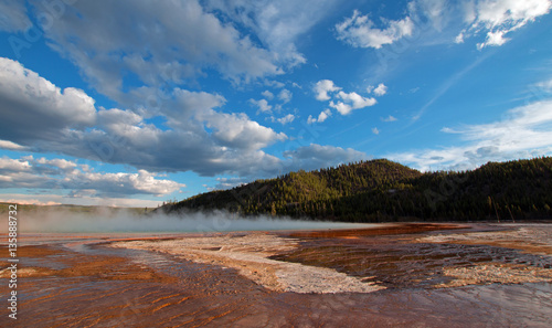Grand Prismatic Hot Spring under sunset clouds in the Midway Geyser Basin in Yellowstone National Park US of A