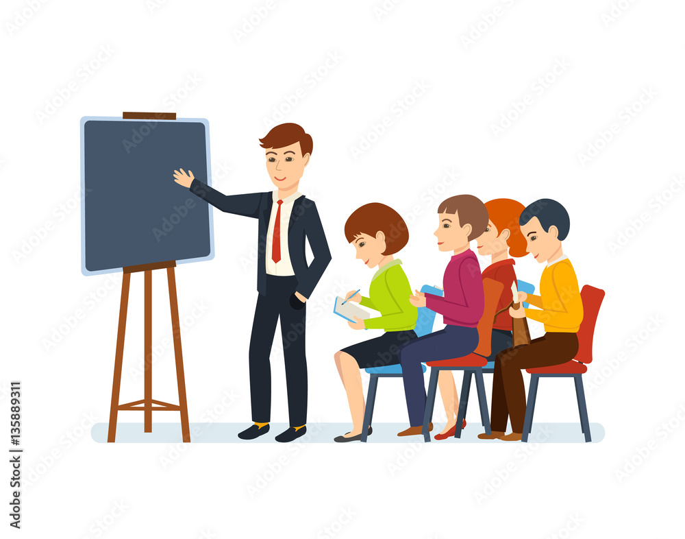 Office employee is holding conference for the audience, showing materials. Office employee is holding conference for the audience, showing materials.