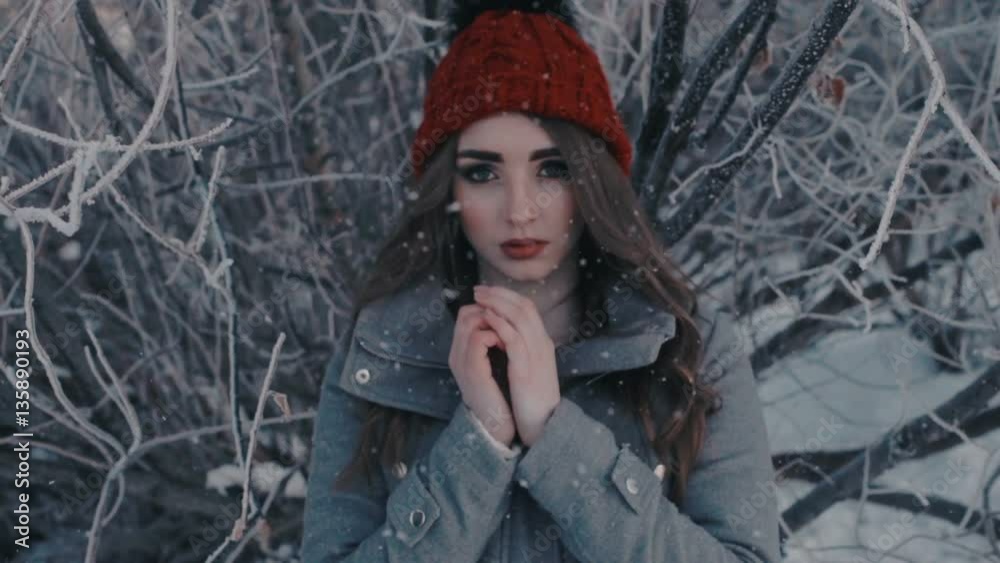 beautiful girl freezing in winter park. cold winter. portrait girl in a red cap and jacket warms her hands. Closeup portrait of beautiful young girl in winter day beautiful girl freezing in winter park. cold winter. portrait girl in a red cap and jacket warms her hands. Closeup portrait of beautiful young girl in winter day