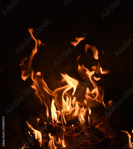 Burning fire background detail close up on black background.