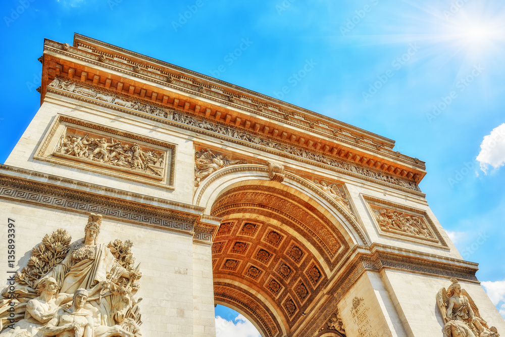 Moldings and decorations on the Arc de Triomphe in  Paris. Franc