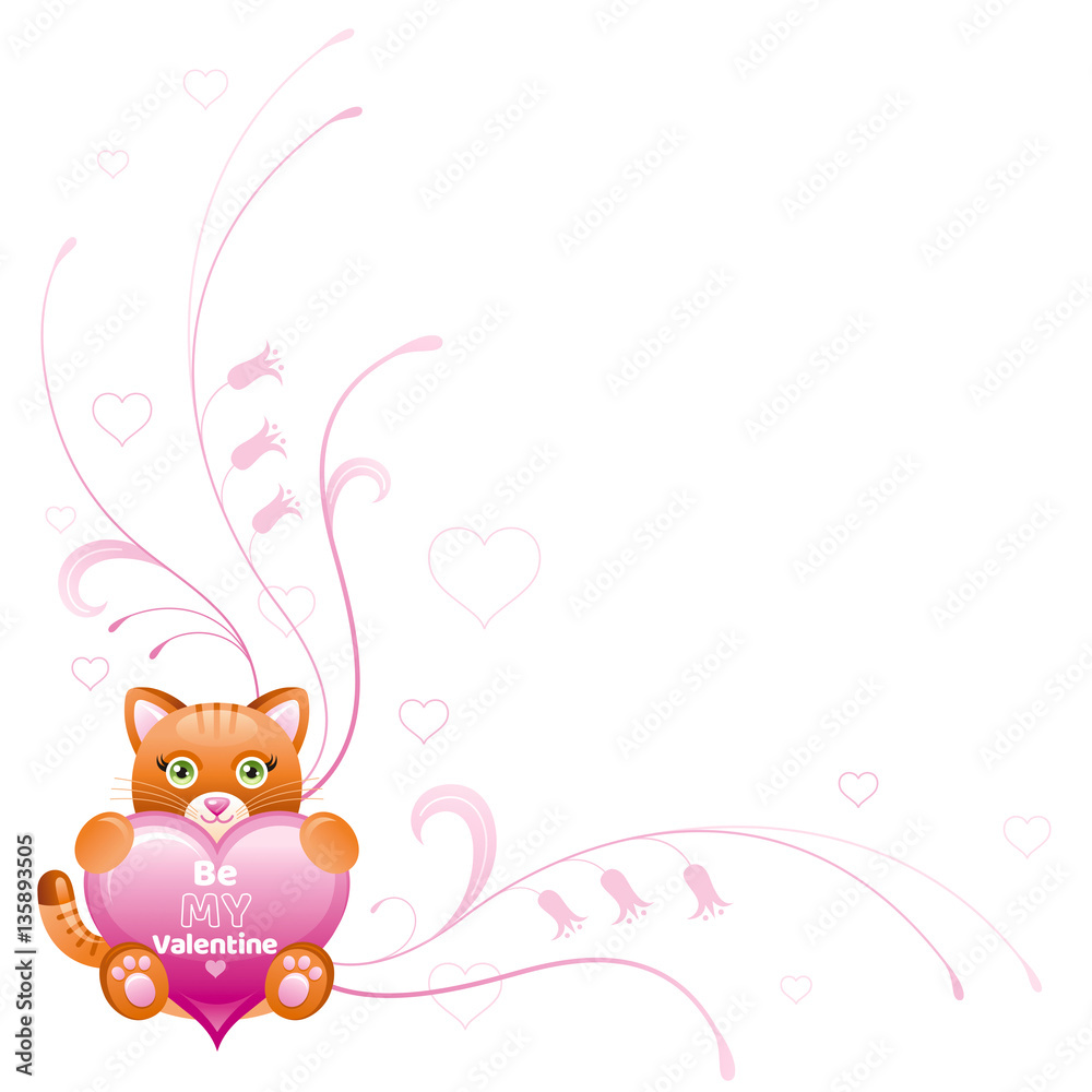 Happy Valentines day border. Be my valentine, text lettering. Toy cat isolated frame, white background. Heart romance, cute romantic dating vector illustration. Holiday corner design. Flat cartoon