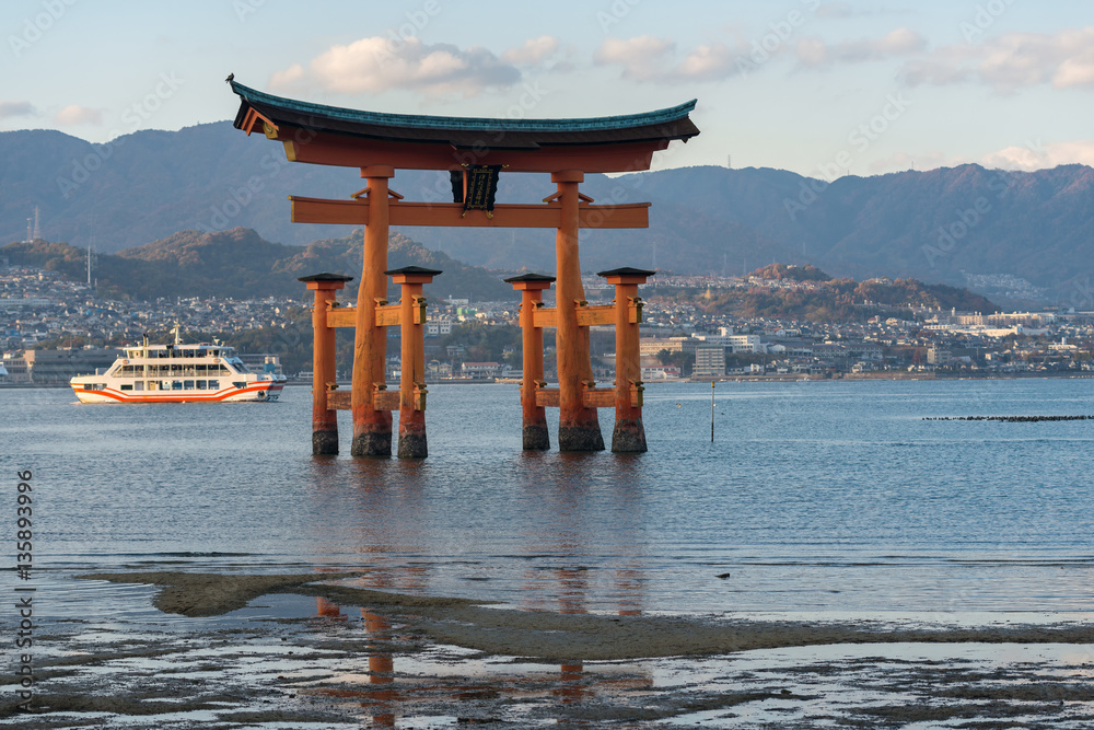 The Itsukushima floating Torii Gate off the coast of the island of Miyajima, Hiroshima, Japan.