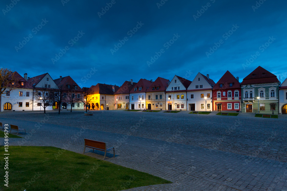 evening historical square Badejov, Slovakia