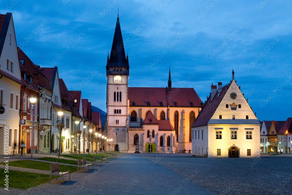 evening church st. Egidius on historical square, Bardejov, Slovakia