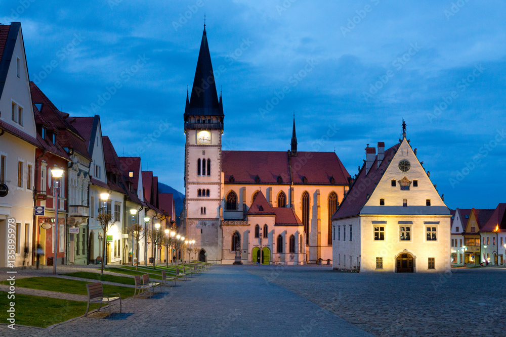evening church st. Egidius on historical square, Bardejov, Slovakia evening church st. Egidius on historical square, Bardejov, Slovakia