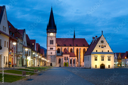 evening church st. Egidius on historical square, Bardejov, Slovakia