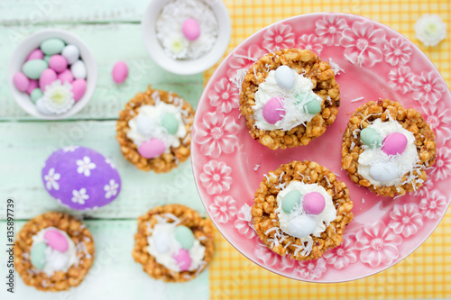 Easter nest cookie cake dessert with candy eggs