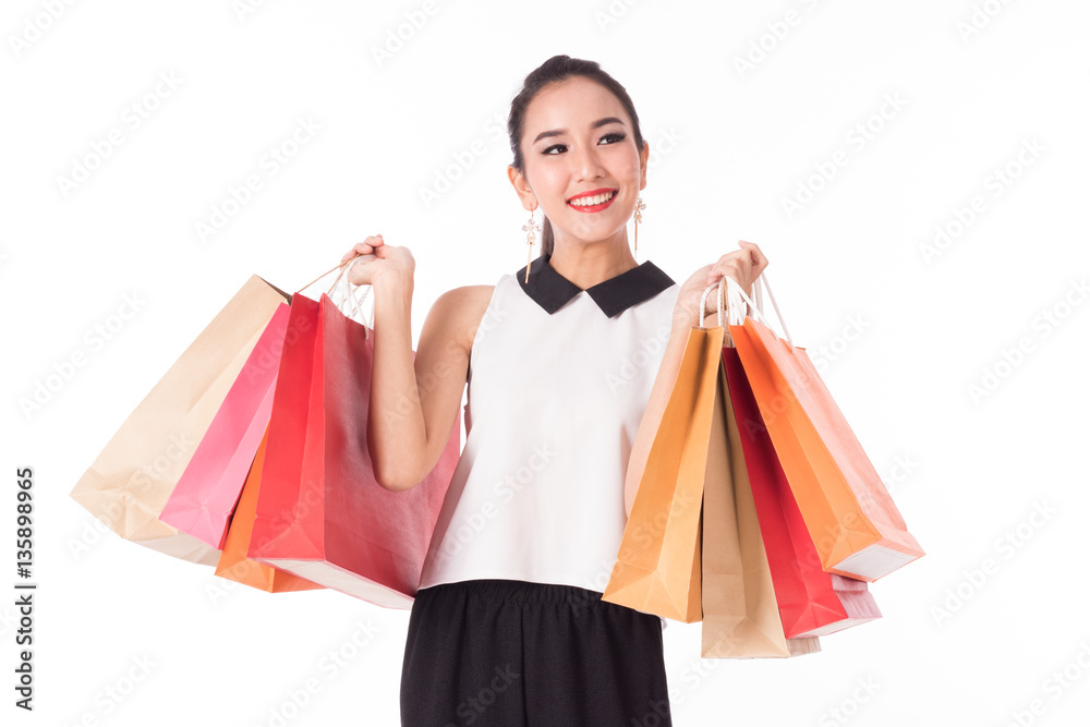 women holding shopping bags in her hand with a copy space,isolated on white background