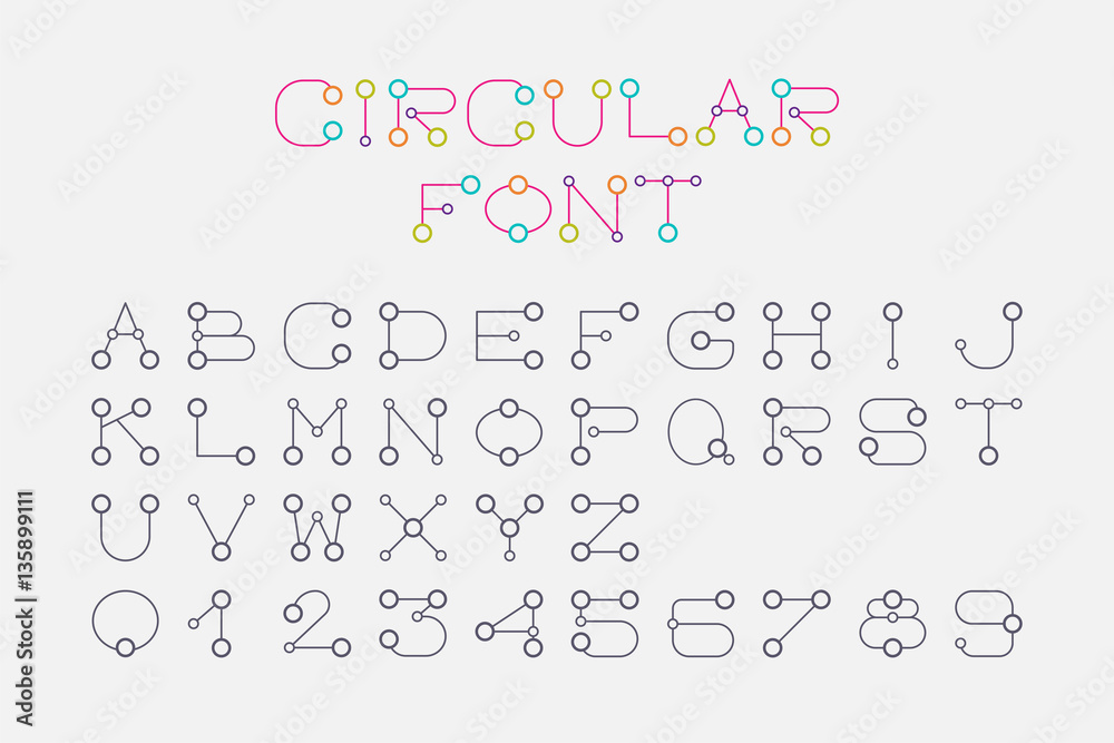Font set design using circle and connecting line style to represent connection, link, together and collaboration.