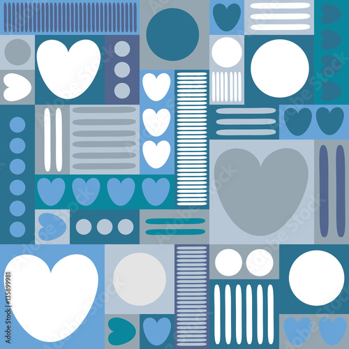 Geometric background with hearts, circles, stripes, squares. Different shades of blue color. The theme of love and Valentines day. Vector illustration. Vector illustration. Abstract heart pattern