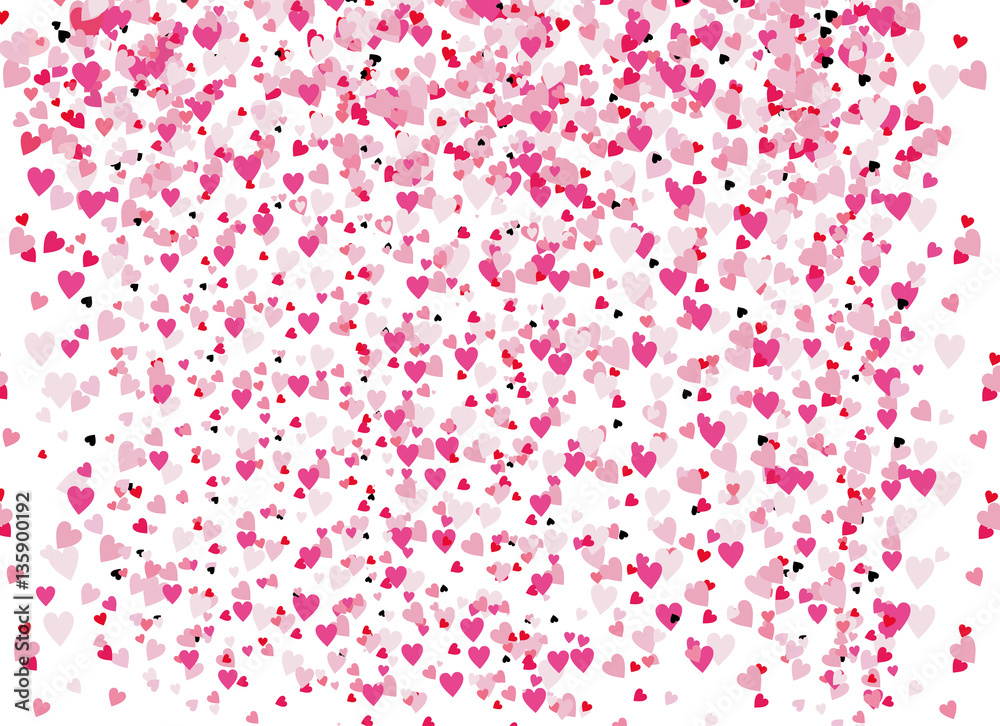 The background of the many scattered hearts.  The theme of love and Valentines Day. Different shades of pink and black. Confetti backdrop