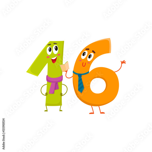 Cute and funny colorful 16 number characters, cartoon vector illustration isolated on white background. sixteen smiling characters, birthday greetings, anniversary