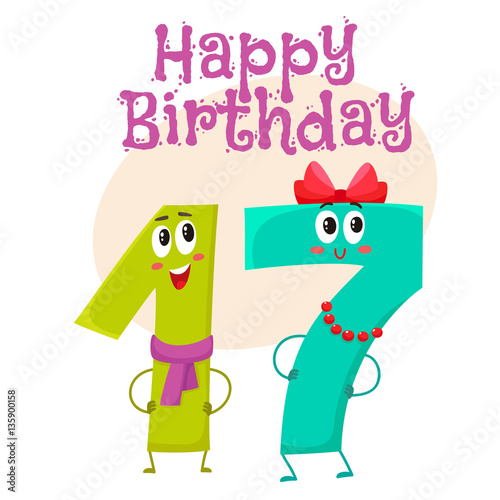 Happy birthday vector greeting card, poster, banner design with cute and funny seventeen number characters. seventeen smiling characters, happy birthday greeting card template