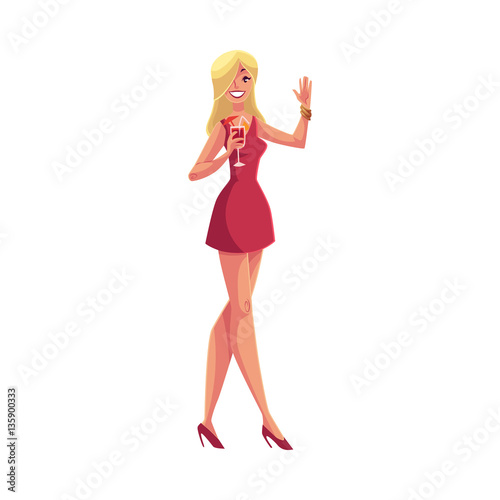 Young clubber girl in short red dress drinking cocktail at party, cartoon vector illustration isolated on white background. Young beautiful woman drinking cocktail and having fun, party, night life