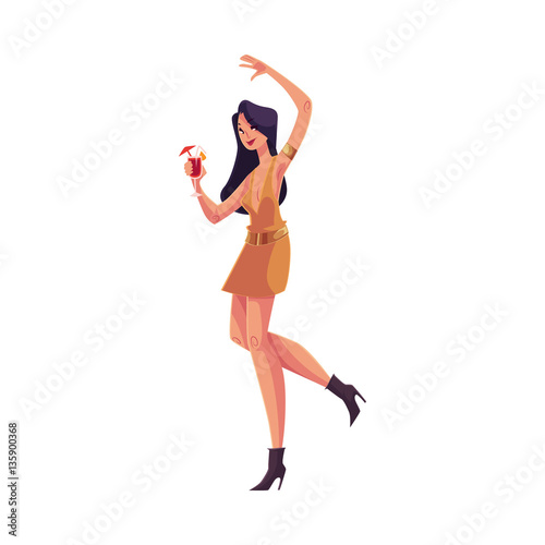 Young clubber girl in short dress dancing with a cocktail in hand, cartoon vector illustration isolated on white background. Young beautiful woman drinking cocktail and having fun, party, night life