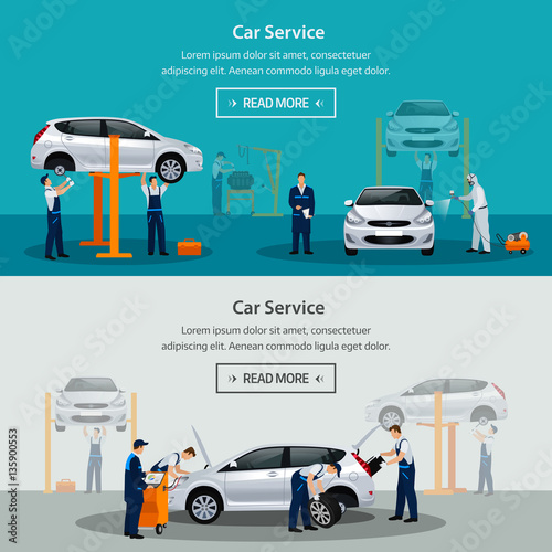 Car repair service, flat horizontal banner, different workers in the process of repairing the car, tire service, diagnostics, vehicle painting, window replacement spare parts. Vector illustrationn