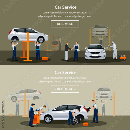 Car repair service, flat horizontal banner, different workers in the process of repairing the car, tire service, diagnostics, vehicle painting, window replacement spare parts. Vector illustrationn photo