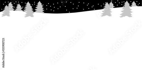 Beautiful night landscape with Christmas trees, snowbank and snow with copy space Winter background. Flat style Gray and black color Winter or Christmas web banner Vector illustration Horizontal