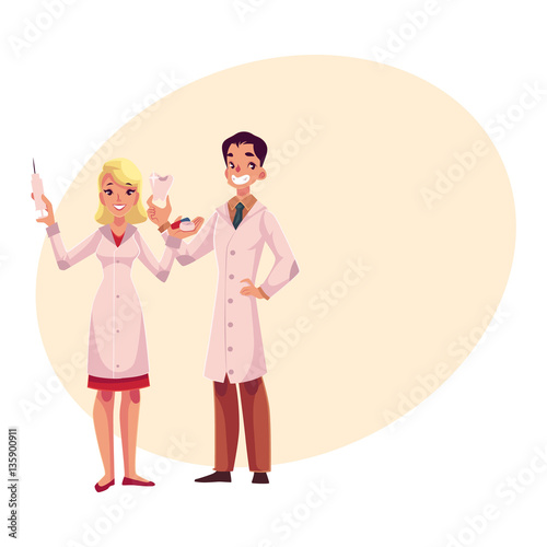 Dentist holding big tooth and anesthetist with syringe and pills, cartoon vector on background with place for text. Male dentist and female assistant, anesthetist, tooth care professionals
