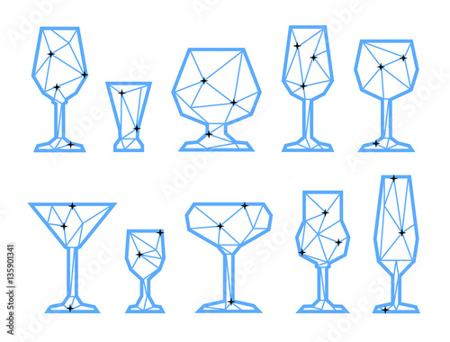 Set polygonal icons glasses. Low poly style. Blue line on white