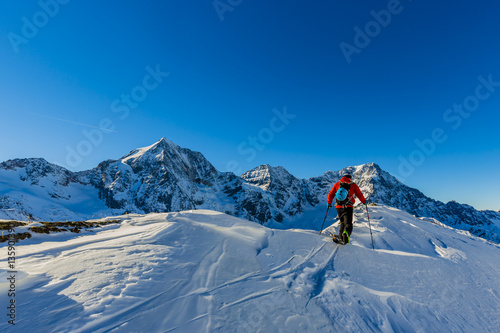 Fototapeta Mountaineer backcountry ski walking up along a snowy ridge with