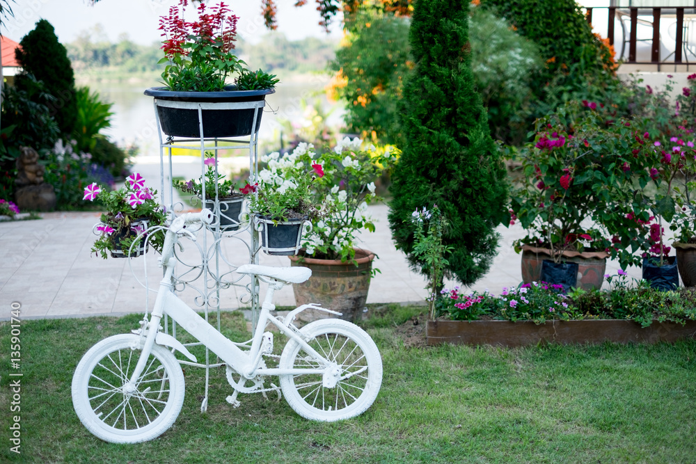 White Bicycles use to decorate in garden