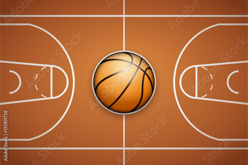 Poster Template with Basketball Ball on arena field. Cup and Tournament Advertising. Sport Event Announcement. Vector Illustration.