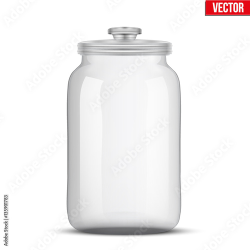 Big Glass Jars for bulk and liquid products with glass cover. Vector Illustration isolated on white background.