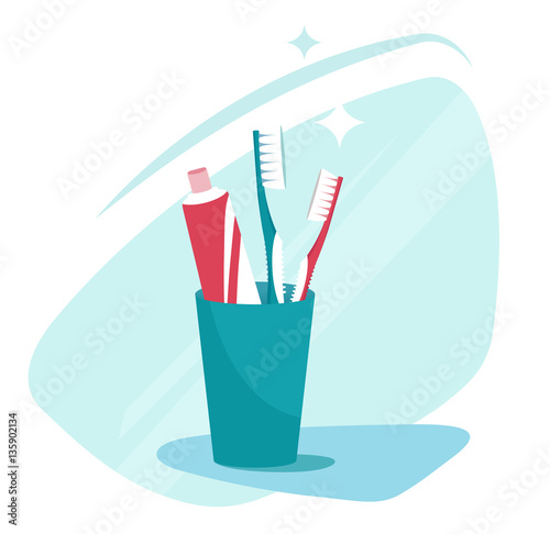 Wallpaper Mural Toothbrushes in glass on table on light background. Toothbrush, toothpaste in a glass. Vector flat illustration Torontodigital.ca