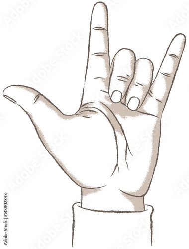 Love Hand Sign, retro. Vector illustration of a hand showing the I Love You sign, or Rock sign. Retro look illustration with a rough texture.