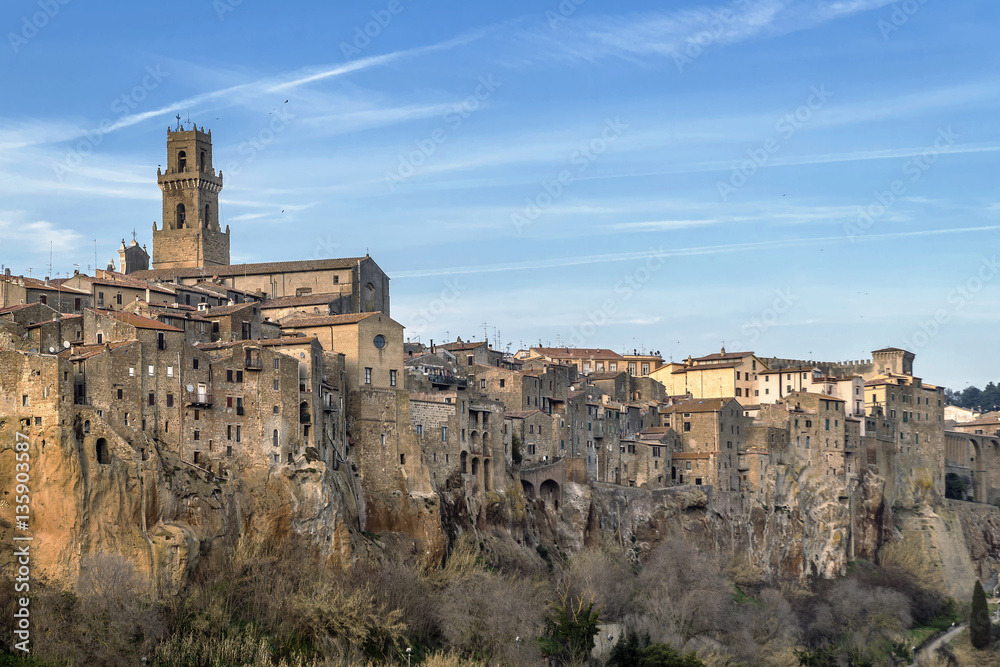 Wonderful panoramic view of Pitigliano, a village famous for being built on tuff, Grosseto, Tuscany, Italy