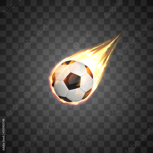 Flying burning football ball on transparent background.