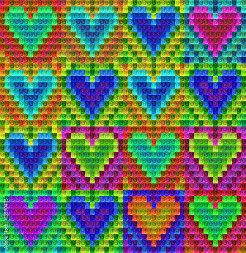 many hearts made with small squares as patchwork Valentines gift card with wooden texture inside every square. Valentines Day holiday background. Vintage Hearts defocused