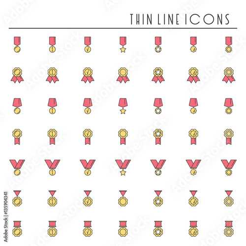 1st place gold medal award with ribbon collection. Winner line icons set. First place leadership champion achievement. Vector isolated illustration. Flat design. Success symbols. Object. Sign. Badge