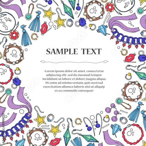 Cover with hand drawn colored jewelry on white background. Illustration on the theme of fashion and beauty