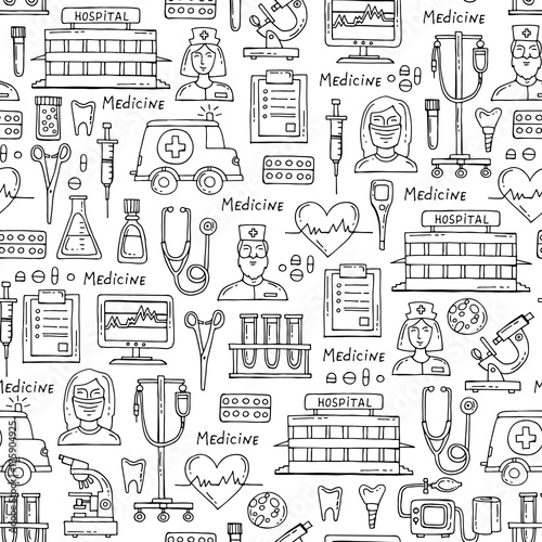 Vector pattern with hand drawn  symbols of hospital, pharmacy on white color. Pattern on the theme of medicine, medical equipment