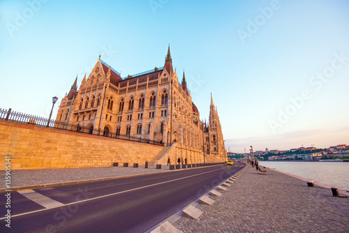 The picturesque landscape of the Parliament in Budapest, Hungary, Europe at sunset
