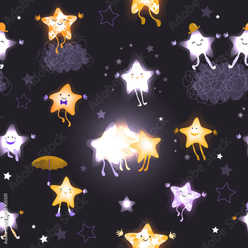 Stars in the night sky. Seamless pattern with cute cartoon characters. For design of websites, wallpaper, advertising. Children abstract background. Hand drawn vector illustration