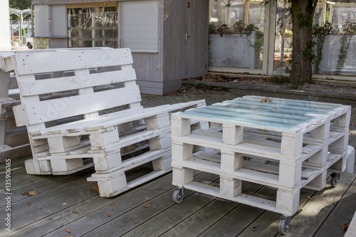Wooden outdoor furniture from white pallets