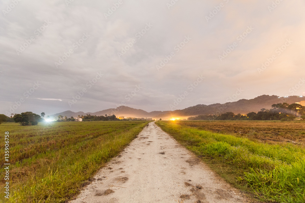 Walking path view with farm for blur background