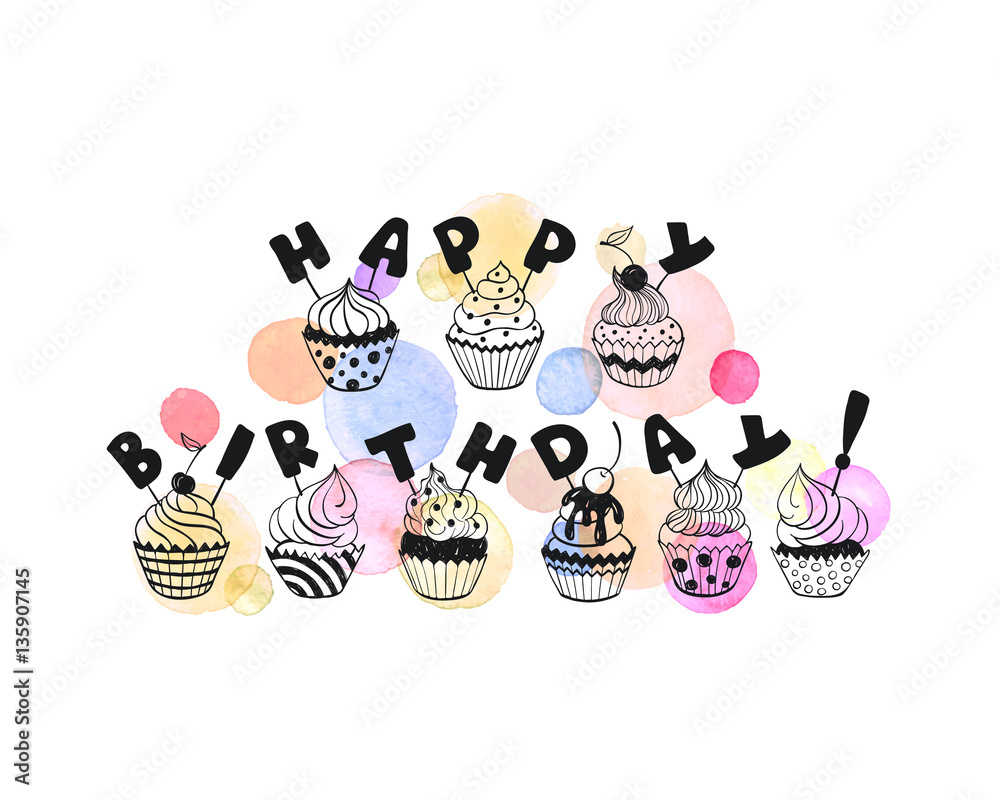 Happy birthday greeting card in pastel colors. Hand drawn calligraphy
