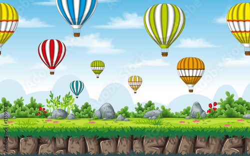 Seamless nature background with hot air balloons. Vector illustration with separate layers.